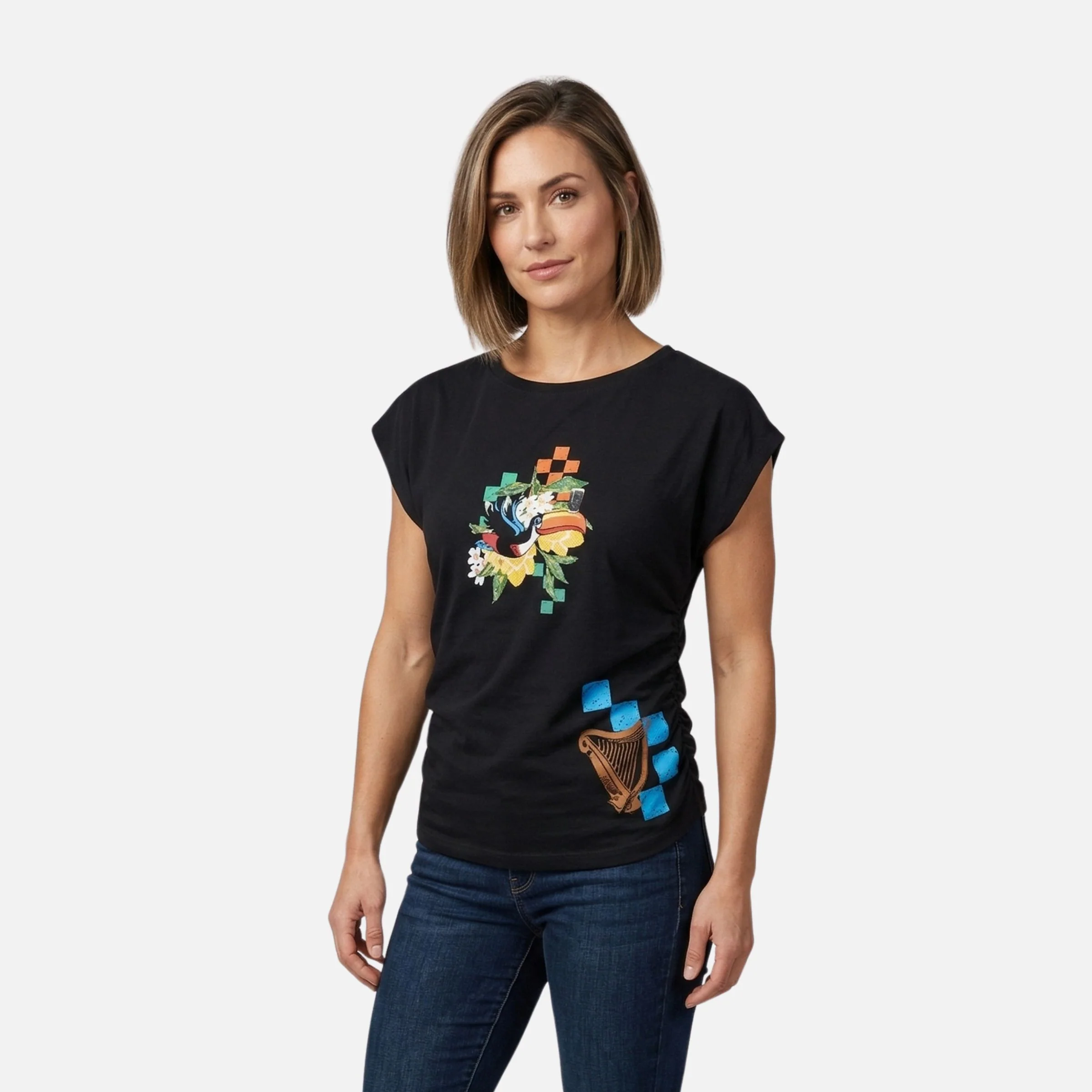 Guinness Toucan Ruched Ladies Black Tee - Image 4